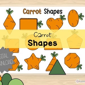 Può includere: Un foglio di lavoro stampabile con il titolo "Carrot Shapes" e varie figure geometriche a forma di carota, tra cui un cuore, una stella, un cerchio, un quadrato, un rettangolo, un triangolo, un pentagono e un esagono. Il foglio di lavoro è progettato per aiutare i bambini a imparare le forme.