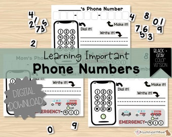 May include: Educational printable featuring the text "Learning Important Phone Numbers." The black and gray design includes phone illustrations, number tiles, and emergency service vehicles. The phrase "Digital Download" is also visible.