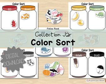 May include: Printable digital download of a color sorting activity for kids. The activity features a collection of jars with different colors and a set of colorful objects to sort into the jars. The colors include red, orange, yellow, green, gray, brown, and black.