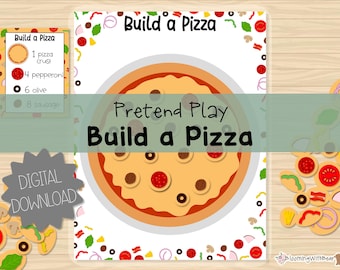 May include: A printable pretend play pizza game for kids. The game includes a pizza crust, pepperoni, olives, and sausage toppings. The game also includes a digital download.