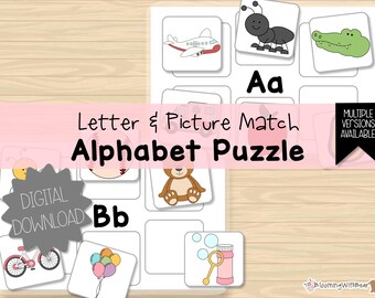 Rompecabezas con imágenes del alfabeto / Combinación de letras / Fonética / Imprimible para preescolar / ABC / Educación en el hogar / Montessori / Educación