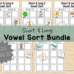 May include: A printable worksheet for sorting short and long vowel sounds. The worksheet has five sections, one for each vowel sound. Each section has two columns, one for short vowel sounds and one for long vowel sounds. Each column has four boxes for students to place pictures of words with the corresponding vowel sound. The worksheet includes pictures of a hat, mail, cake, gem, zebra, bee, chip, pie, kite, yogurt, donut, sun, underwear, tube, and utensils.