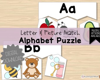 Rompecabezas con imágenes del alfabeto / Emparejamiento de letras / Fonética / Imprimible para preescolar / ABC / Educación en casa / Montessori / Educación