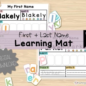 Puede incluir: Una alfombra de aprendizaje imprimible para que los niños practiquen la escritura de sus nombres y apellidos. La alfombra tiene secciones para construir, trazar y escribir las letras del nombre. La alfombra está diseñada para niños que están aprendiendo a leer y escribir.