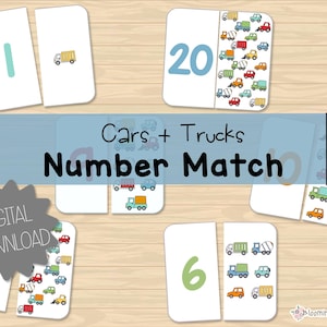 Number Match Cars + Trucks | Counting to 20 | Matching | Number Identification | Number Recognition | Number Sense | Printable