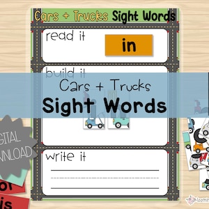 Palabras a la vista: autos y camiones / Leer, construir y escribir / Aprender a leer / Reconocimiento de letras de palabras / Preescolar, jardín de infantes / Montessori / Educación en el hogar