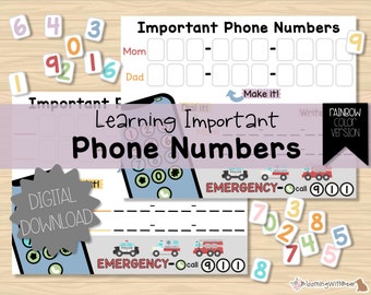 May include: Educational printables for learning phone numbers. Includes worksheets with spaces to write numbers, emergency contact information, and colorful number magnets. The text "Learning Important Phone Numbers" is displayed.