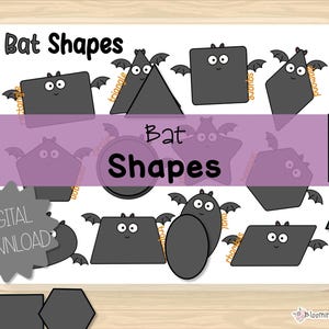 May include: A white background features various gray bat shapes, including a square, triangle, and diamond, each with a smiling face and wings. The text "Bat Shapes" and "Digital Download" are also visible. Part of the Halloween unit.