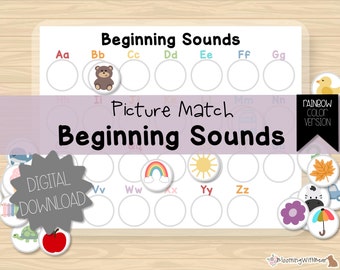 May include: A printable worksheet for children to practise matching pictures with the beginning sounds of letters. The worksheet features a rainbow, a sun, a bear, a flower, a turtle, an apple, a car, a duck, a leaf, a ladybug, and an umbrella.