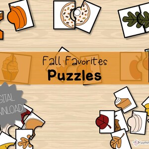 May include: A collection of fall-themed puzzles featuring images of pumpkins, donuts, leaves, and pie slices. The words "Fall Favorites Puzzles" are displayed on an orange banner. The words "Digital Download" are also visible.