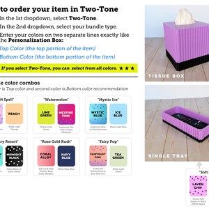 May include: A two-tone tissue box cover and a single tray with a ribbed texture. The tissue box is purple on top and black on the bottom. The tray is purple with a black base, holding a black remote control. Text instructions explain how to order custom two-tone color combinations for these items.