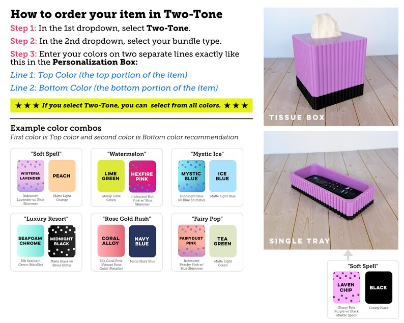 May include: A two-tone tissue box cover and a single tray with a ribbed texture. The tissue box is purple on top and black on the bottom. The tray is purple with a black base, holding a black remote control. Text instructions explain how to order custom two-tone color combinations for these items.