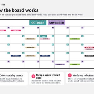 Może przedstawiać: Magnetyczna tablica kalendarzowa z układem siatki zawierająca tekst How the board works, October oraz November. Zawiera kolorowe magnesy z zadaniami na poszczeg&oacute;lne daty oraz instrukcje dotyczące kodowania kolorami i obsługi tablicy.