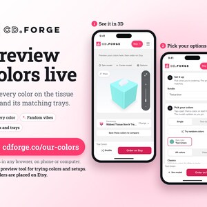 May include: Two smartphones displaying the CD.FORGE website interface. The left screen shows a 3D preview of a teal ribbed tissue box. The right screen displays a menu for selecting product options, colors, and bundles. The background is light pink.