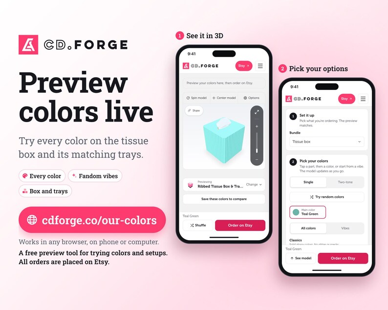 May include: Two smartphones displaying the CD.FORGE website interface. The left screen shows a 3D preview of a teal ribbed tissue box. The right screen displays a menu for selecting product options, colors, and bundles. The background is light pink.