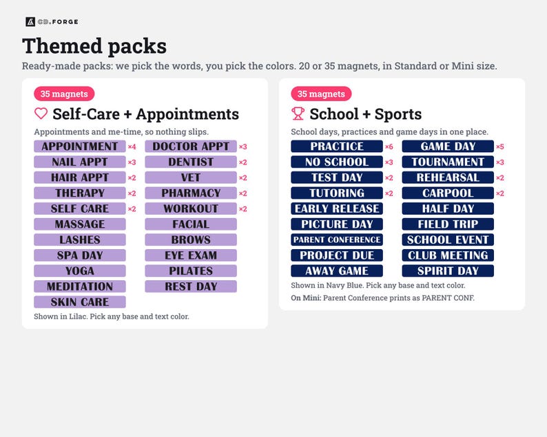 Może przedstawiać: Zestaw tematycznych pakiet&oacute;w magnes&oacute;w z napisem Themed packs od GD.FORGE. Jeden pakiet zawiera liliowe magnesy do Self-Care + Appointments, a drugi granatowe magnesy do School + Sports, wymieniając r&oacute;żne etykiety aktywności i ich ilości.