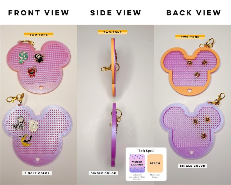 May include: Two Mickey-shaped pin display boards with grid holes. One is two-tone pink and orange, the other is single-color lavender. Both feature gold-tone lobster claw clasps and small enamel pins attached to the front. Text includes FRONT VIEW, SIDE VIEW, BACK VIEW, TWO-TONE, SINGLE COLOR, and Soft Spell.