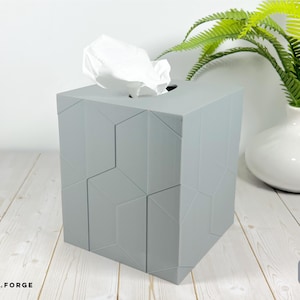 Pu&ograve; includere: Un copriscatola per fazzoletti quadrato di colore grigio chiaro con un motivo geometrico a facce sulla superficie. La scatola presenta un'apertura ovale centrale sulla parte superiore da cui sporge un fazzoletto bianco. Il testo CD.FORGE &egrave; in basso.