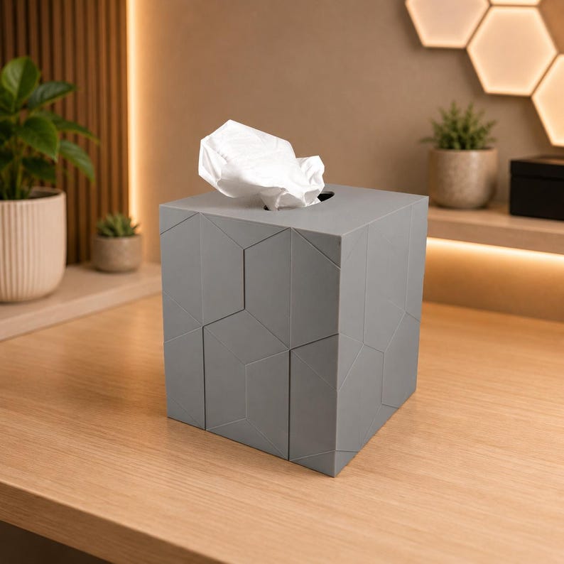 Pu&ograve; includere: Un portafazzoletti quadrato di colore grigio caratterizzato da un motivo geometrico a pannelli esagonali e rettangolari in rilievo. Un singolo fazzoletto di carta bianco fuoriesce dall'apertura ovale situata sulla parte superiore.