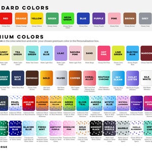 May include: A color chart displaying standard and premium color options for products. The grid features labeled squares in various solid, metallic, iridescent, and glitter finishes, including text labels for each color and the logo GD.FORGE.