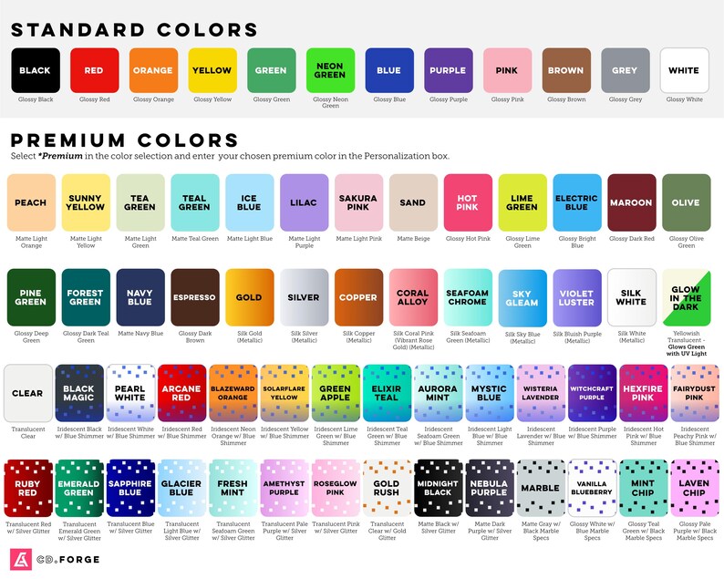 May include: A color chart displaying standard and premium color options for products. The grid features labeled squares in various solid, metallic, iridescent, and glitter finishes, including text labels for each color and the logo GD.FORGE.