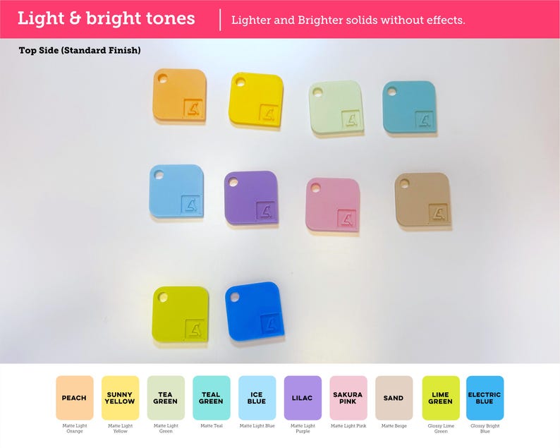 May include: A collection of ten square acrylic swatches with rounded corners and a small hole in the top left corner. Each swatch features an embossed logo and comes in colors labeled as Peach, Sunny Yellow, Tea Green, Teal Green, Ice Blue, Lilac, Sakura Pink, Sand, Lime Green, and Electric Blue.