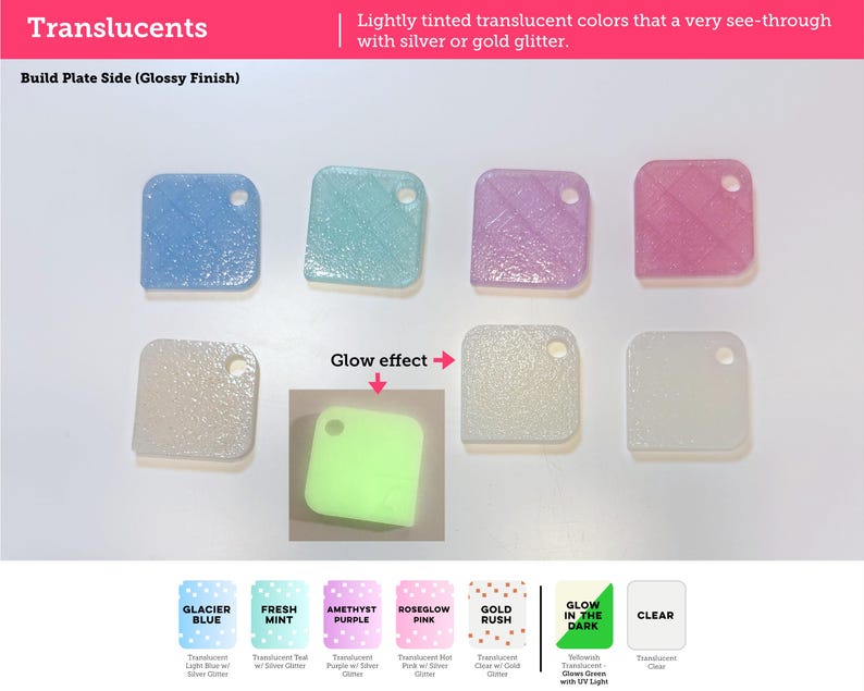 May include: A collection of seven square translucent material swatches with rounded corners and a single hole. Colors include blue, teal, purple, pink, gold, and clear, with glitter accents. One swatch is labeled as having a glow effect in green.