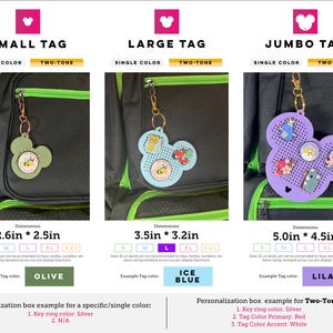 May include: A comparison chart for mouse-shaped pin display keychains in three sizes: Small Tag at 2.6in by 2.5in in olive, Large Tag at 3.5in by 3.2in in ice blue, and Jumbo Tag at 5.0in by 4.5in in lilac, each featuring metal key rings.