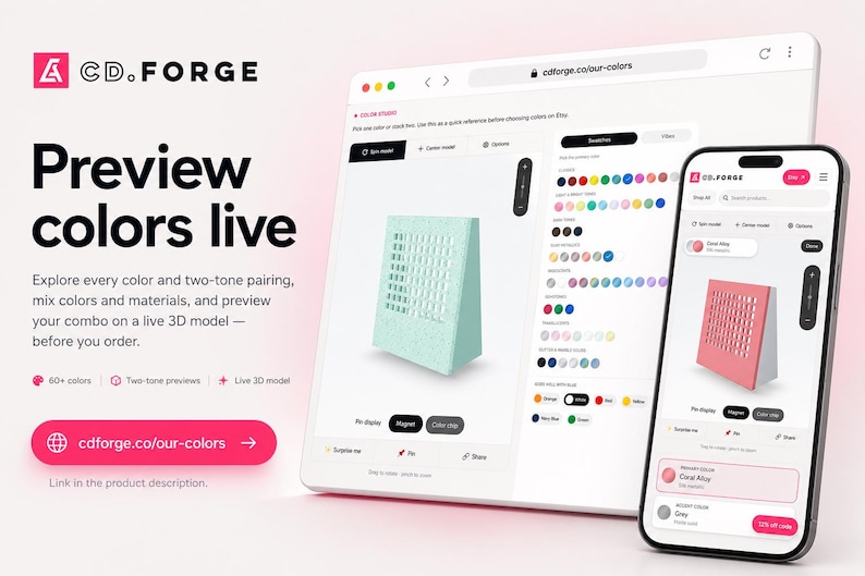 May include: A digital interface displayed on a laptop and smartphone showing the CD.FORGE website. The screen features a 3D model preview tool for selecting colors and materials for a display stand, with text reading Preview colors live.