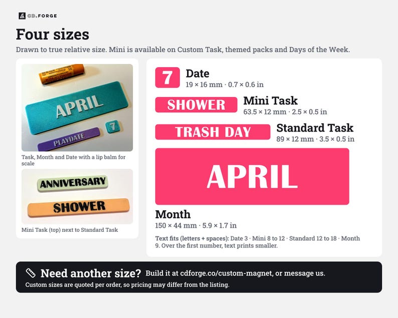 Może przedstawiać: Tabela informacyjna produktu zatytułowana Four sizes przedstawiająca r&oacute;żne prostokątne magnesy z etykietami Date, Mini Task, Standard Task i Month. Tabela zawiera wymiary w milimetrach i calach oraz przykłady takie jak April, Shower i Trash Day.