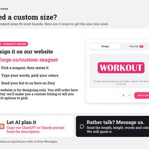 Może przedstawiać: Grafika informacyjna CD.FORGE wyjaśniająca zamawianie magnes&oacute;w na wymiar. Zawiera interfejs projektowania online z tekstem WORKOUT, instrukcje tworzenia, opcję planowania AI oraz zachętę do wysyłania wiadomości w celu uzyskania wyceny.