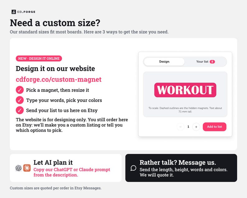 Może przedstawiać: Grafika informacyjna CD.FORGE wyjaśniająca zamawianie magnes&oacute;w na wymiar. Zawiera interfejs projektowania online z tekstem WORKOUT, instrukcje tworzenia, opcję planowania AI oraz zachętę do wysyłania wiadomości w celu uzyskania wyceny.