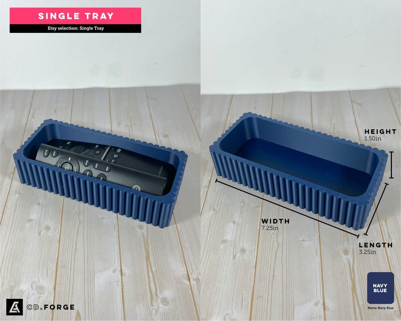 May include: A navy blue rectangular tray with a ribbed exterior texture. The tray measures 7.25 inches in width, 3.25 inches in length, and 1.50 inches in height. One image shows a black remote control resting inside the tray.