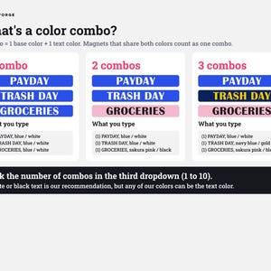Może przedstawiać: Grafika informacyjna zatytułowana What's a color combo?, wyjaśniająca opcje personalizacji magnes&oacute;w. Przedstawia trzy przykłady oznaczone jako 1 combo, 2 combos i 3 combos, pokazujące r&oacute;żne kombinacje kolor&oacute;w tekstu i tła dla etykiet takich jak PAYDAY, TRASH DAY i GROCERIES.