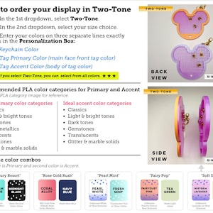 May include: An instructional graphic for ordering two-tone custom keychains. It includes text steps, color category lists, and example combinations. Visuals show a mouse-shaped keychain in back and side views with orange and purple color layers.