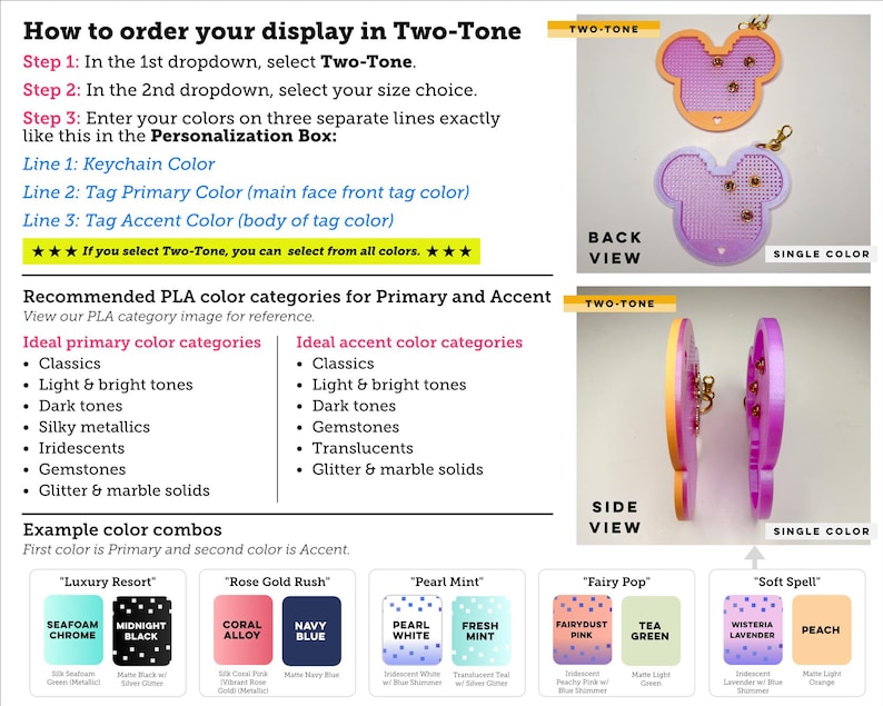 May include: An instructional graphic for ordering two-tone custom keychains. It includes text steps, color category lists, and example combinations. Visuals show a mouse-shaped keychain in back and side views with orange and purple color layers.