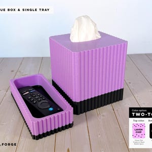 May include: A square, ribbed tissue box and a rectangular, ribbed single tray in lavender with black bases. The tissue box holds white tissues, and the tray contains a black remote control. Text reads: TISSUE BOX & SINGLE TRAY and Color option: TWO-TONE.