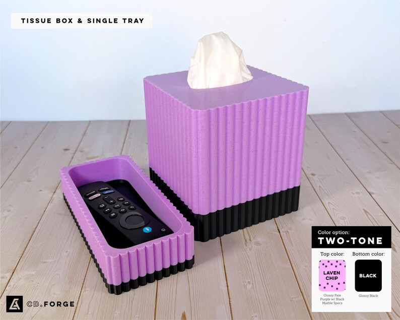 May include: A square, ribbed tissue box and a rectangular, ribbed single tray in lavender with black bases. The tissue box holds white tissues, and the tray contains a black remote control. Text reads: TISSUE BOX & SINGLE TRAY and Color option: TWO-TONE.