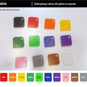 May include: A collection of twelve square plastic tags with rounded corners and a single hole, featuring solid glossy colors including black, red, orange, yellow, green, neon green, blue, purple, pink, grey, brown, and white, labeled Classics.