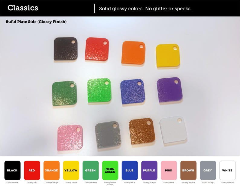 May include: A collection of twelve square plastic tags with rounded corners and a single hole, featuring solid glossy colors including black, red, orange, yellow, green, neon green, blue, purple, pink, grey, brown, and white, labeled Classics.