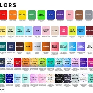 May include: A color chart displaying a wide variety of swatches labeled with names like Black, Red, Orange, Yellow, Green, Neon Green, Blue, Purple, Pink, Brown, Grey, White, Peach, and others, including iridescent, glitter, and matte finishes.
