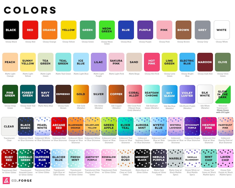 May include: A color chart displaying a wide variety of swatches labeled with names like Black, Red, Orange, Yellow, Green, Neon Green, Blue, Purple, Pink, Brown, Grey, White, Peach, and others, including iridescent, glitter, and matte finishes.