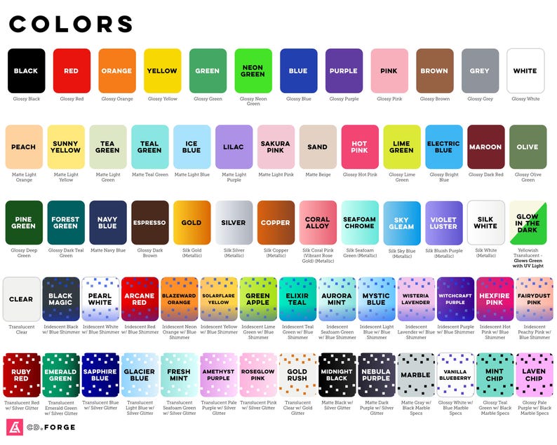 Pu&ograve; includere: Una tabella colori che mostra un'ampia variet&agrave; di campioni etichettati con nomi come Nero, Rosso, Arancione, Giallo, Verde, Verde Neon, Blu, Viola, Rosa, Marrone, Grigio, Bianco, Pesca e altri, incluse finiture iridescenti, glitterate e opache.