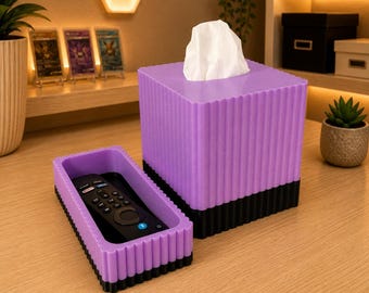 Ribbed Tissue Box & Tray Set | Square Tissue Cover + Matching Desk Trays | Minimalist Bathroom Decor