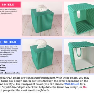 May include: A square, ribbed, teal tissue box cover shown in two configurations: one without an inner liner and one with a solid white inner shield. The cover features a top opening for tissues and a textured, vertically ridged exterior surface.