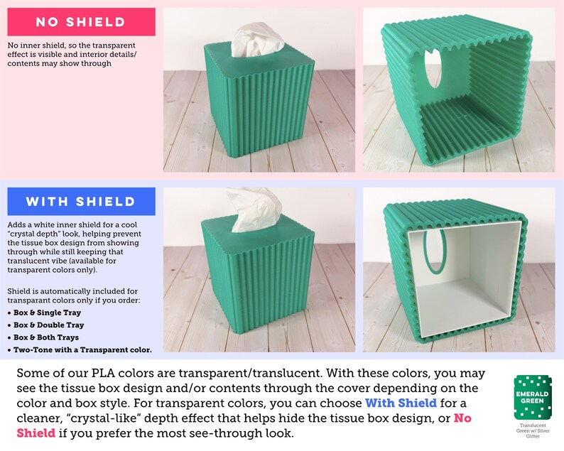 May include: A square, ribbed, teal tissue box cover shown in two configurations: one without an inner liner and one with a solid white inner shield. The cover features a top opening for tissues and a textured, vertically ridged exterior surface.