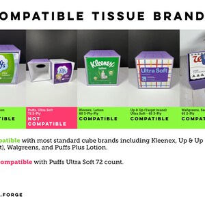 Pu&ograve; includere: Un copriscatola per fazzoletti quadrato viola mostrato con vari marchi compatibili e incompatibili. Il testo recita COMPATIBLE TISSUE BRANDS, elencando Puffs, Kleenex, Up & Up e Walgreens. Indica la compatibilit&agrave; con i marchi di cubi standard.