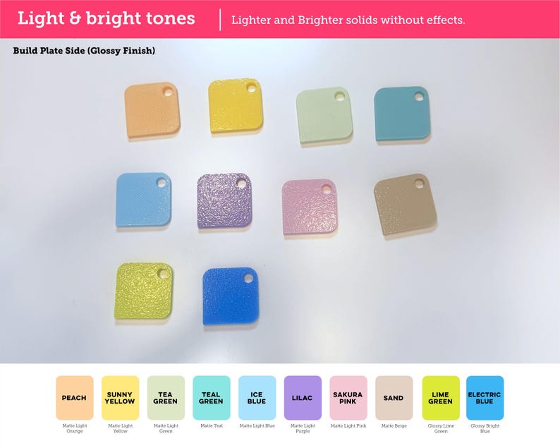 May include: A collection of ten square-shaped plastic swatches with rounded corners and a single hole in the top right corner. The colors include peach, yellow, light green, teal, blue, purple, pink, sand, lime green, and bright blue.