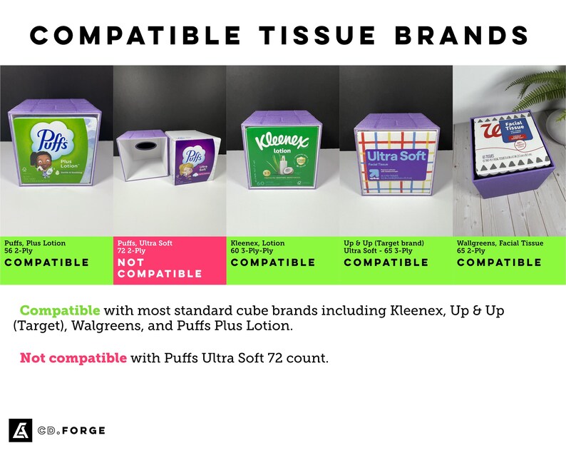May include: A purple square tissue box holder shown with various compatible and incompatible tissue brands. The image displays text labels indicating compatibility with Puffs, Kleenex, Up & Up, and Walgreens brands, while noting Puffs Ultra Soft 72 count is not compatible.