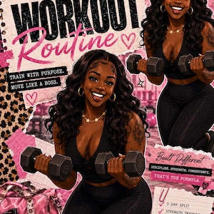May include: A digital illustration featuring the text My Weekly Workout Routine, Train With Purpose, Move Like A Boss, Built Different, Discipline, Strength, Consistency, That's The Formula, 5 Day Split, Strength Training, Cardio + Core, Progress Tracking, Mindset + Motivation, It's Not Just A Workout It's A Lifestyle, and Amber Inoj. The image shows a person with long dark hair wearing a black athletic top and leggings, holding two black dumbbells, with a pink gym bag and a pink water bottle labeled Focus.